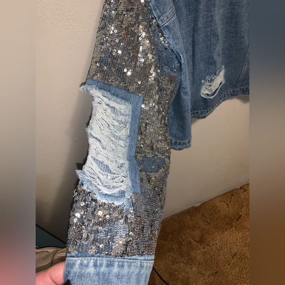 Women’s Distressed Silver Sequin Blue Denim Jacket NWT - Picture 7 of 9